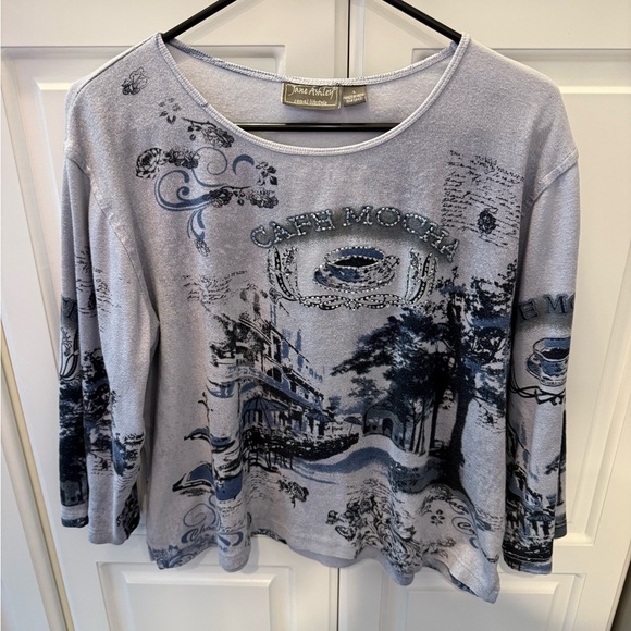 Jane Ashley Grey Blue “Cafe Mocha” Long Sleeve Shirt Women Size Large Bead Decor - Picture 1 of 5